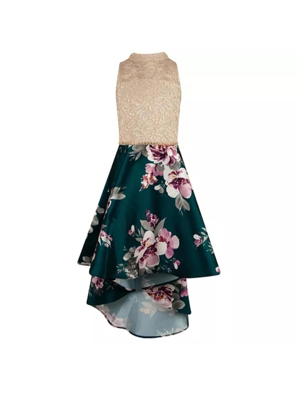 Floral High-Low Dress with Lace Bodice and Beaded Waist